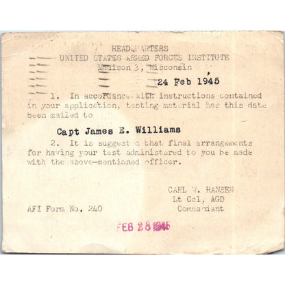 1945 WWII Mailing Card Pvt David R. Markley, Cap. James E. Williams TH9-SX2