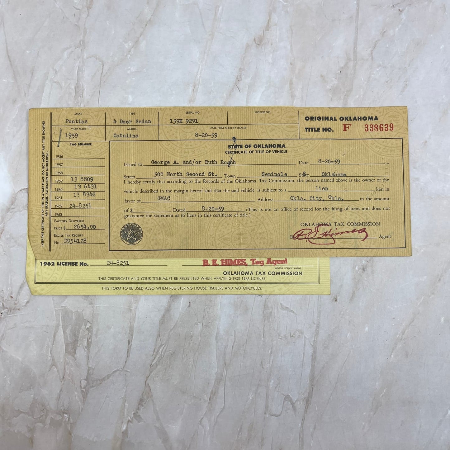 1959 Pontiac Catalina State Of Oklahoma Certificate of Vehicle Title AE4