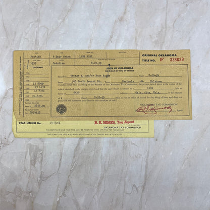 1959 Pontiac Catalina State Of Oklahoma Certificate of Vehicle Title AE4