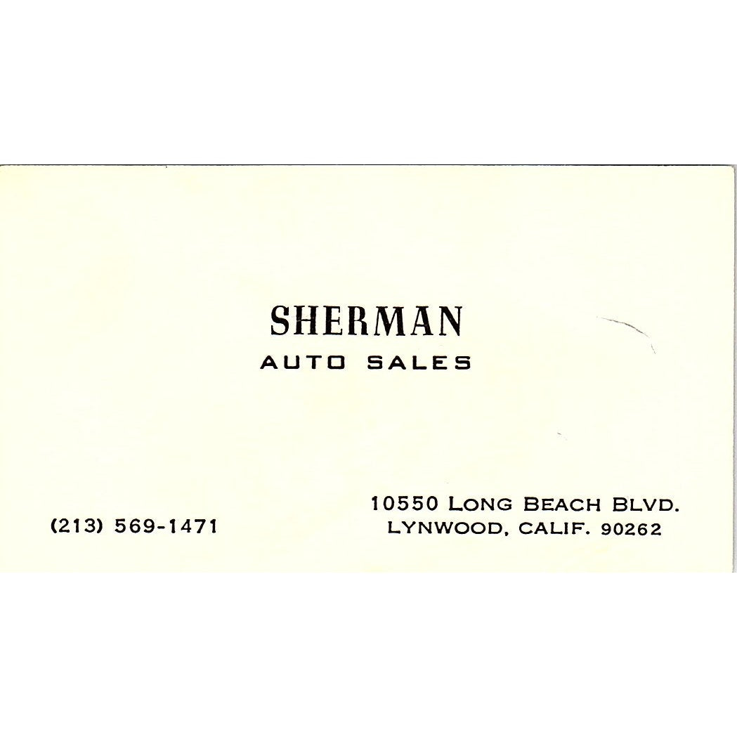 Sherman Auto Sales Lynwood CA Vintage Business Card SD9-B10