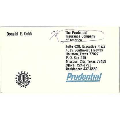 The Prudential Insurance Company Donald E. Cobb Houston TX Business Card SB4-B3