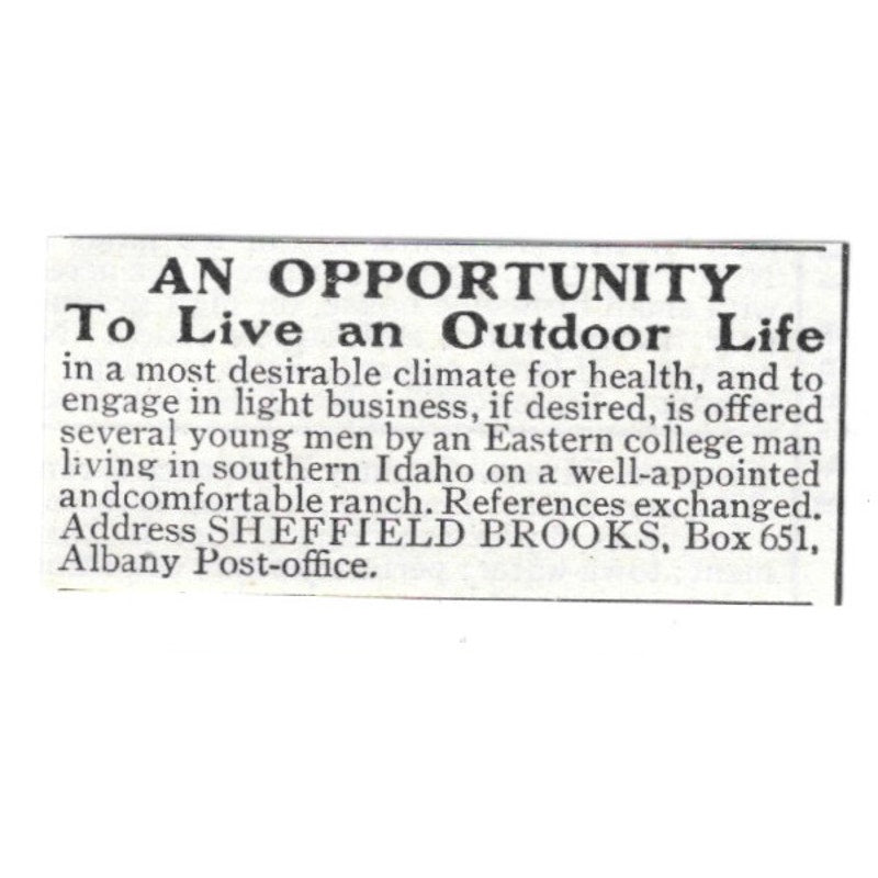An Opportunity to Live an Outdoor Life Sheffield Brooks Albany 1903 Ad AF8-S38