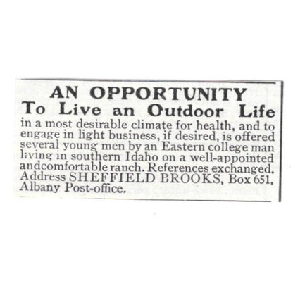 An Opportunity to Live an Outdoor Life Sheffield Brooks Albany 1903 Ad AF8-S38