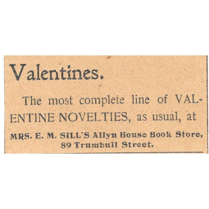 Mrs. E.M. Sill Book Store Valentines Allyn House Hartford 1901 Ad AD8-HS9