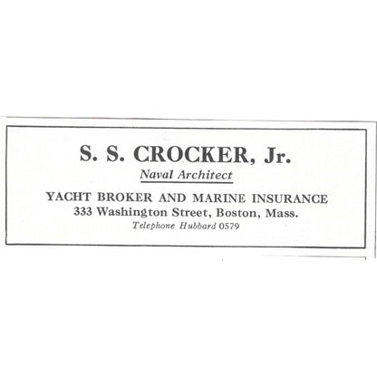 S.S. Crocker Jr Naval Architect Yacht Broker Boston MA 1932 Ad AG2-M20