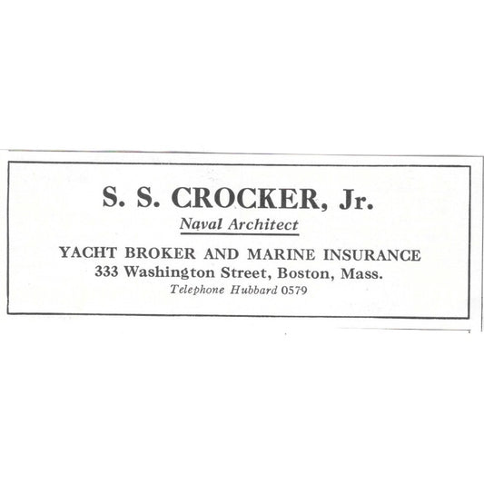 S.S. Crocker Jr Naval Architect Yacht Broker Boston MA 1932 Ad AG2-M20