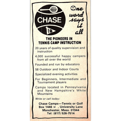 Chase Tennis Camps Manchester MA 1977 Ad AF3-Q2