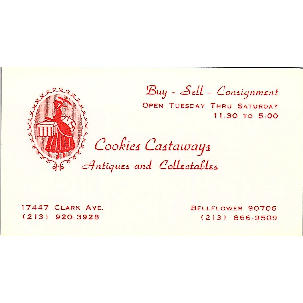 Cookies Castaways Antiques Bellflower CA Vintage Business Card SE3-B16
