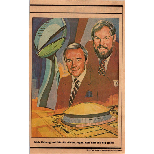 Superbowl XV Merlin Olson Dick Enberg Illustration 1981 Ft. Myers Clipping AI5-5
