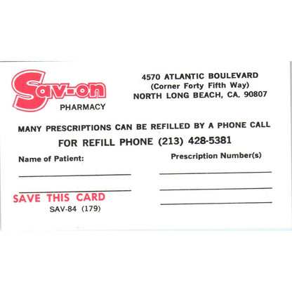 Sav-On Pharmacy North Long Beach CAVintage Business Card SD8-B15