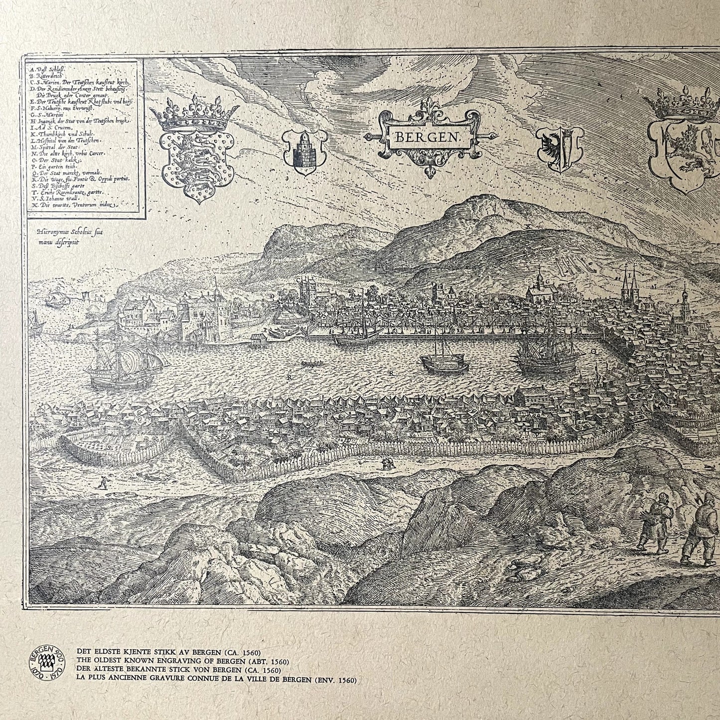 Old Bergen Norway Map (1588) Vintage Vestland City Vintage Art Print 10x13 V11