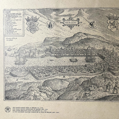 Old Bergen Norway Map (1588) Vintage Vestland City Vintage Art Print 10x13 V11