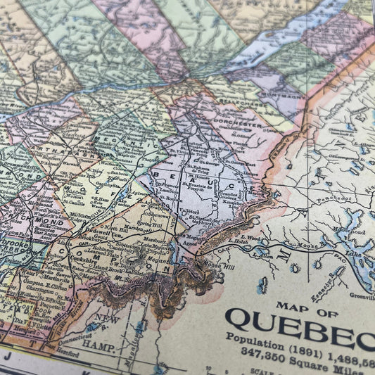 1899 Map of Quebec 10x13 Original Tinted Map Engraving FL6-8