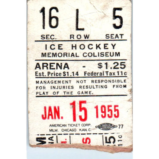 1955 Jan 15 Memorial Coliseum Ice Hockey Game Stub AB9