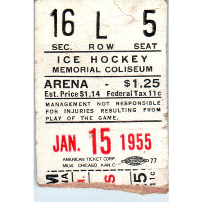 1955 Jan 15 Memorial Coliseum Fort Wayne Komets Ice Hockey Game Stub AB9