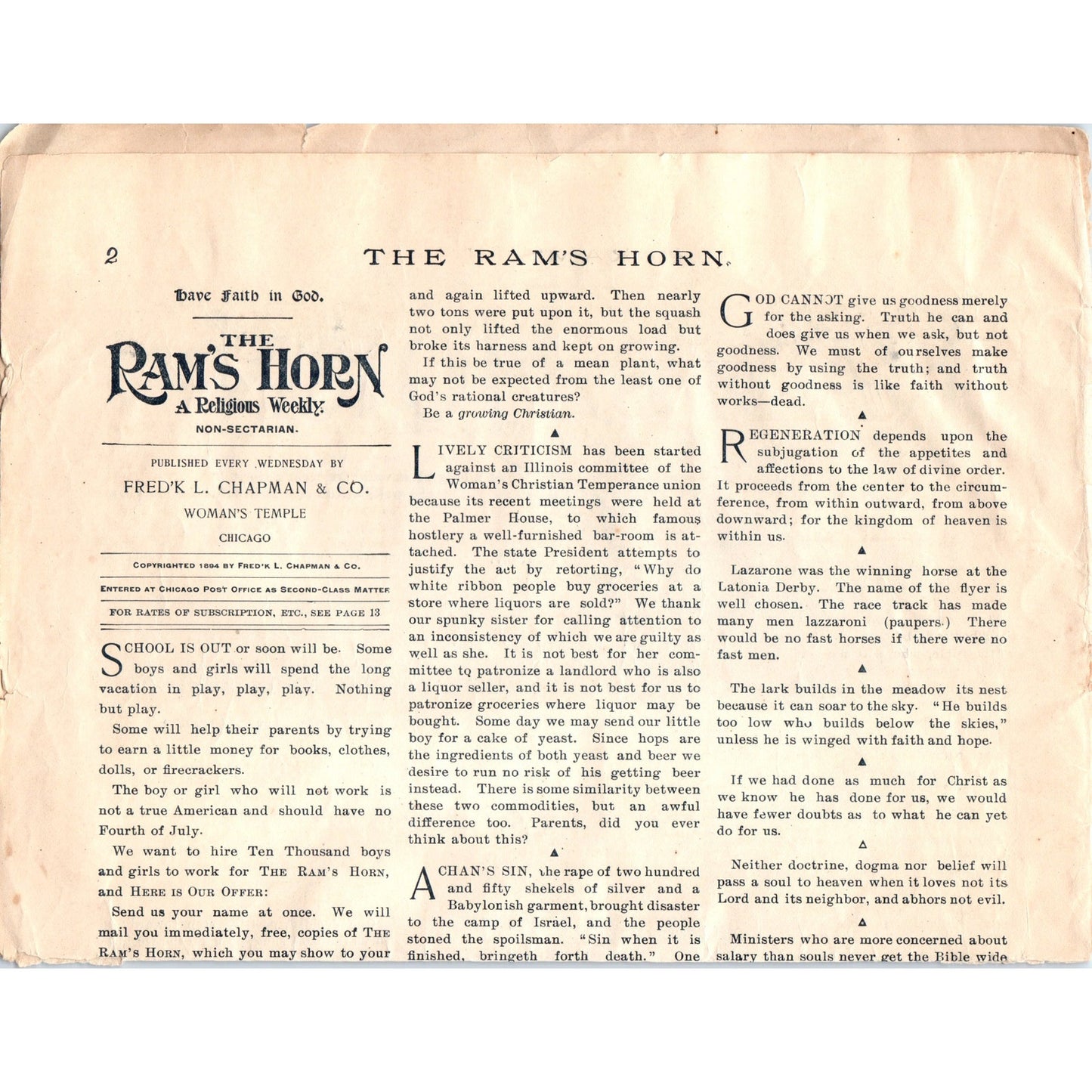 The Ram's Horn Newspaper Front Page Chicago June 13 1894 Ad AB6-SL1