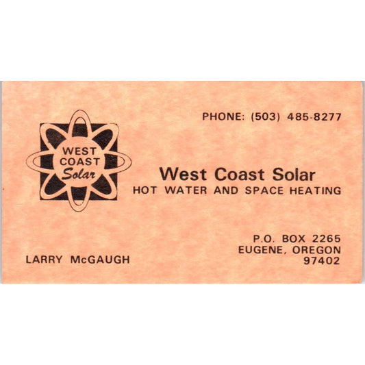 West Coast Solar Hot Water Heating Larry McGaugh Eugene OR Business Card SD4-B1