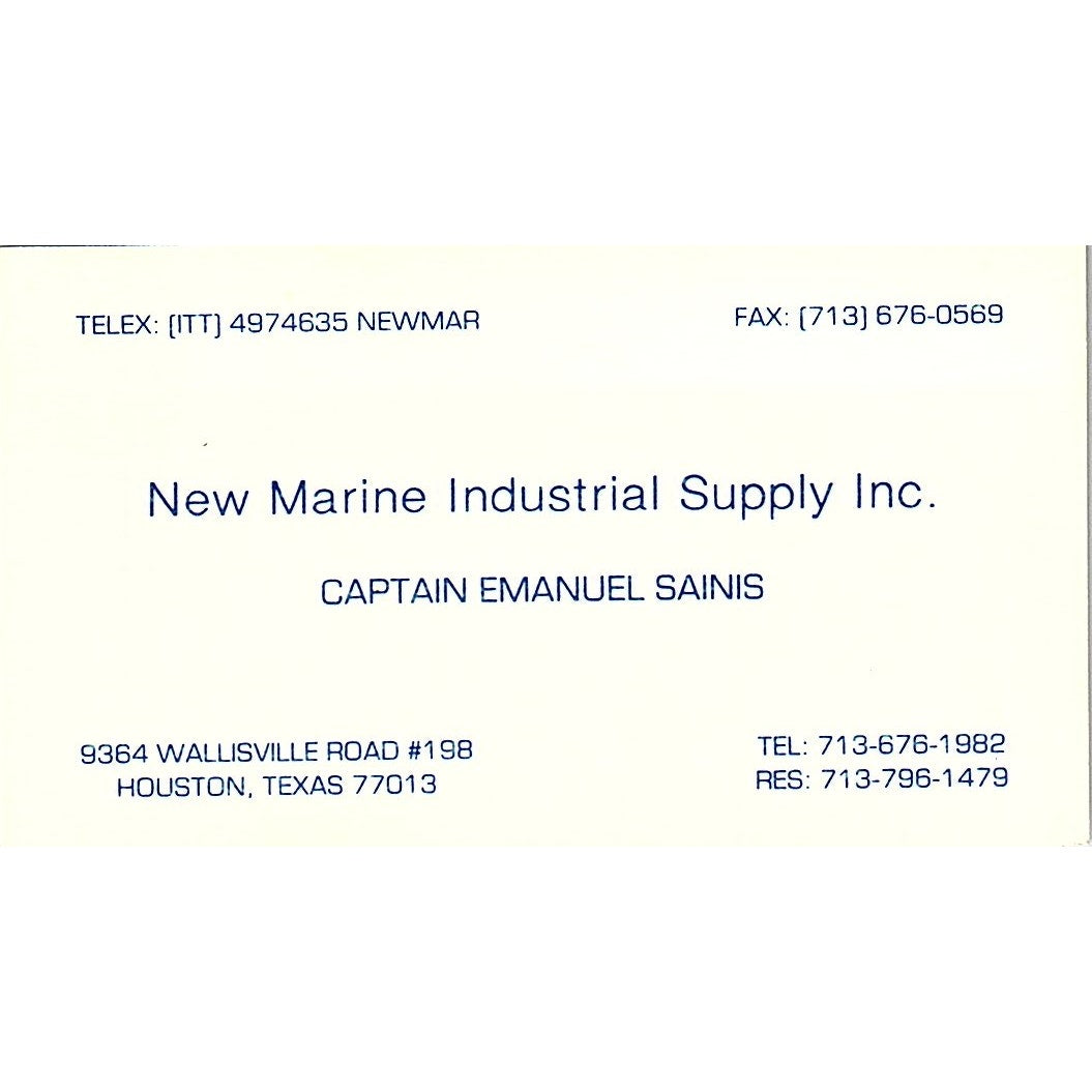 Capt Emanuel Sainis New Marine Industrial Supply Houston Business Card SD9-B7
