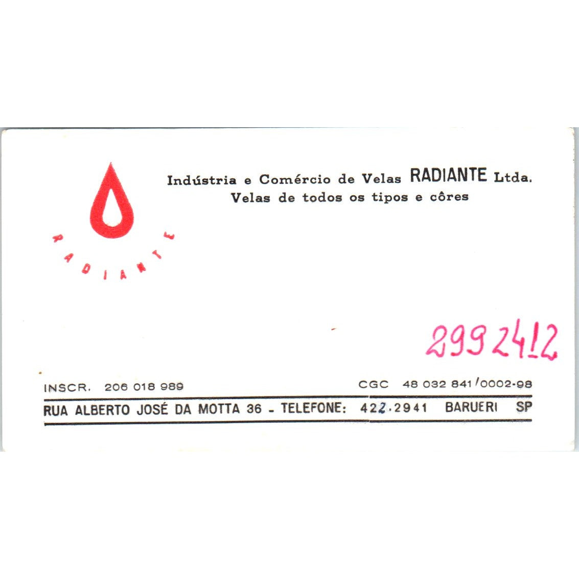 Radiante Ltd Rua Alberto José Da Motta Barueri SP Vintage Business Card SD8-B15