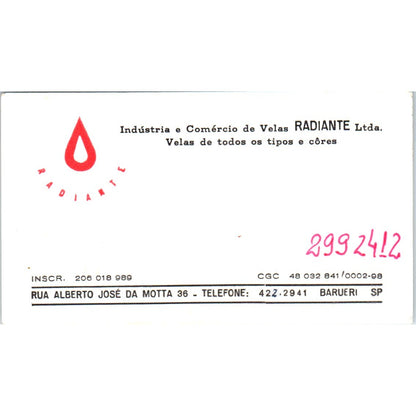 Radiante Ltd Rua Alberto José Da Motta Barueri SP Vintage Business Card SD8-B15