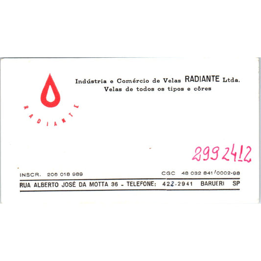 Radiante Ltd Rua Alberto José Da Motta Barueri SP Vintage Business Card SD8-B15
