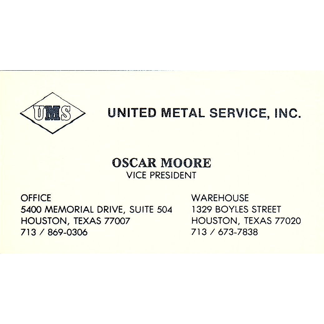 Oscar Moore United Metal Service Inc Houston Vintage Business Card SE5-B3
