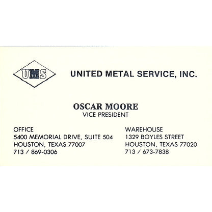 Oscar Moore United Metal Service Inc Houston Vintage Business Card SE5-B3