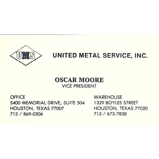 Oscar Moore United Metal Service Inc Houston Vintage Business Card SE5-B3
