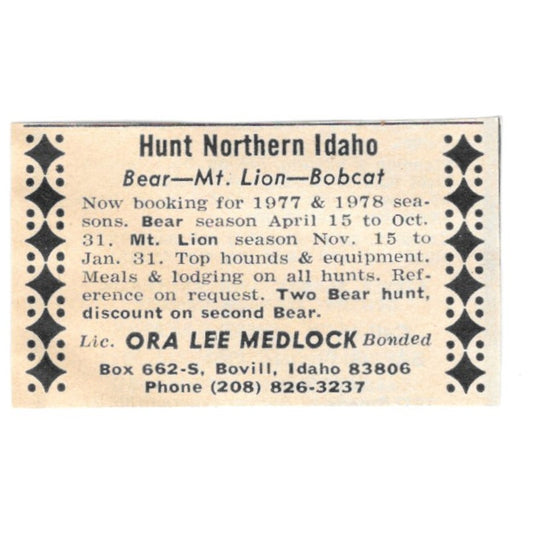 Ora Lee Medlock Hunt Northern Idaho Bovill ID 1977 Ad AF6-S2