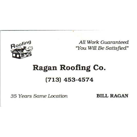 Bill Ragan Roofing Co Houston TX Vintage Business Card SD8-B14