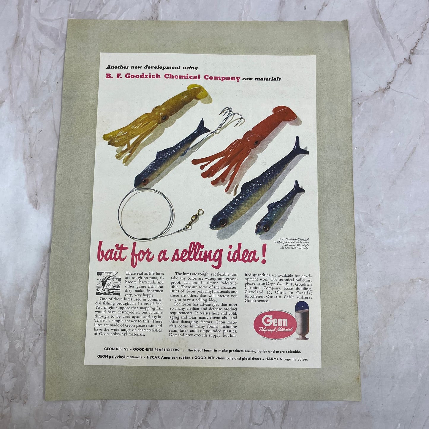 Fishing Lures Geon Polyvinyl Materials Geon Resins 1951 Magazine Ad FL6-10