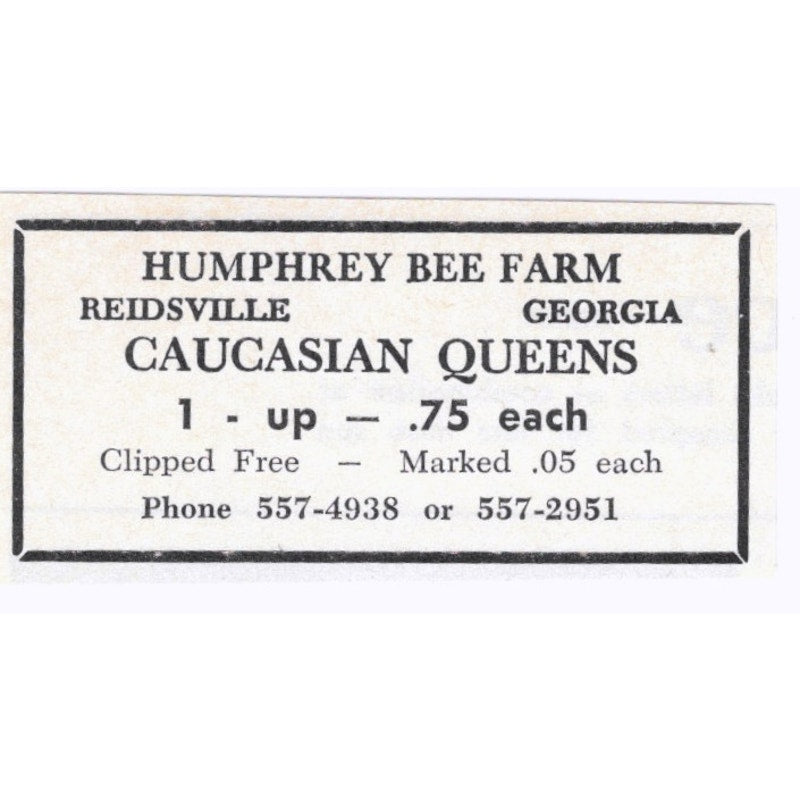 Humphrey Bee Farm Queen Bees Reidsville GA 1964 Magazine Ad AB6-S15