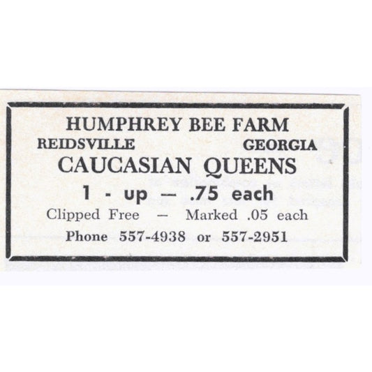 Humphrey Bee Farm Queen Bees Reidsville GA 1964 Magazine Ad AK6-S15