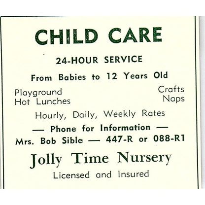 Jolly Time Nursery Mrs. Bob Sible 1957 Estes Park CO Ad AG4-S10