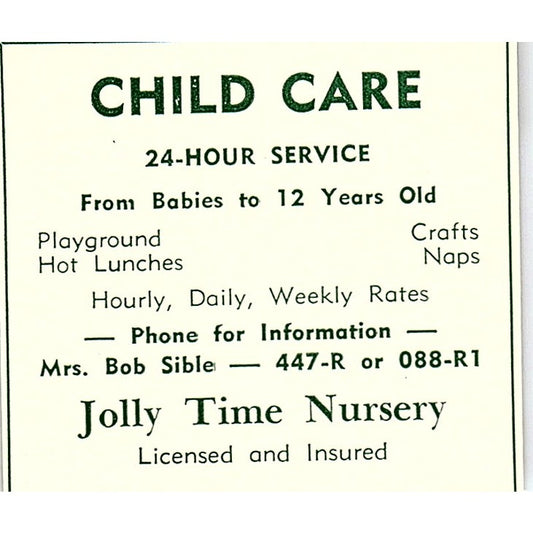 Jolly Time Nursery Mrs. Bob Sible 1957 Estes Park CO Ad AG4-S10