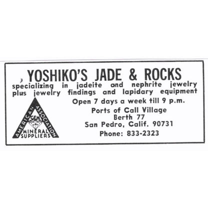 Yoshiko's Jade & Rocks San Pedro California 1972 Ad AF8-S4