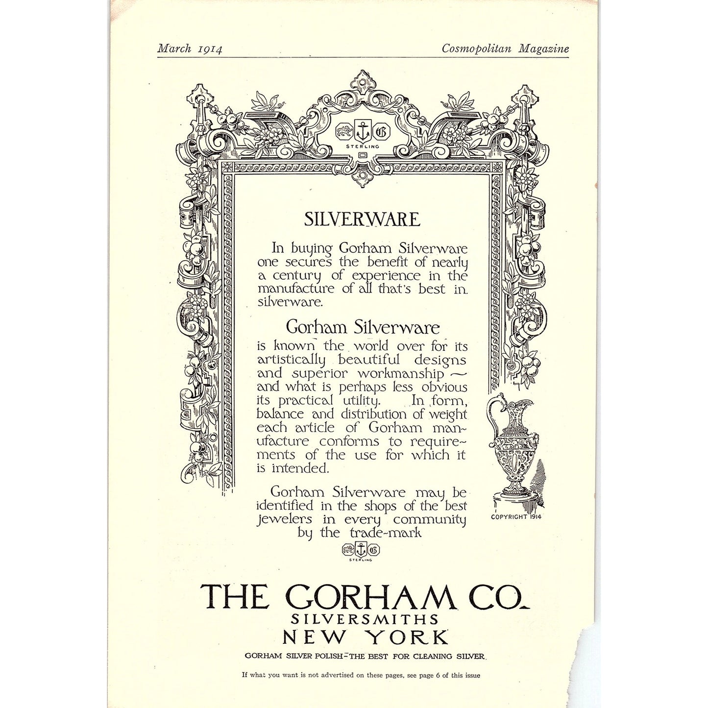 1914 The Gorham Co Silversmiths Silverware NY Antique Magazine Ad 6.5x9.5 V4