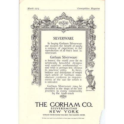 1914 The Gorham Co Silversmiths Silverware NY Antique Magazine Ad 6.5x9.5 V4