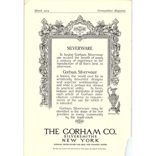 1914 The Gorham Co Silversmiths Silverware NY Antique Magazine Ad 6.5x9.5 V4