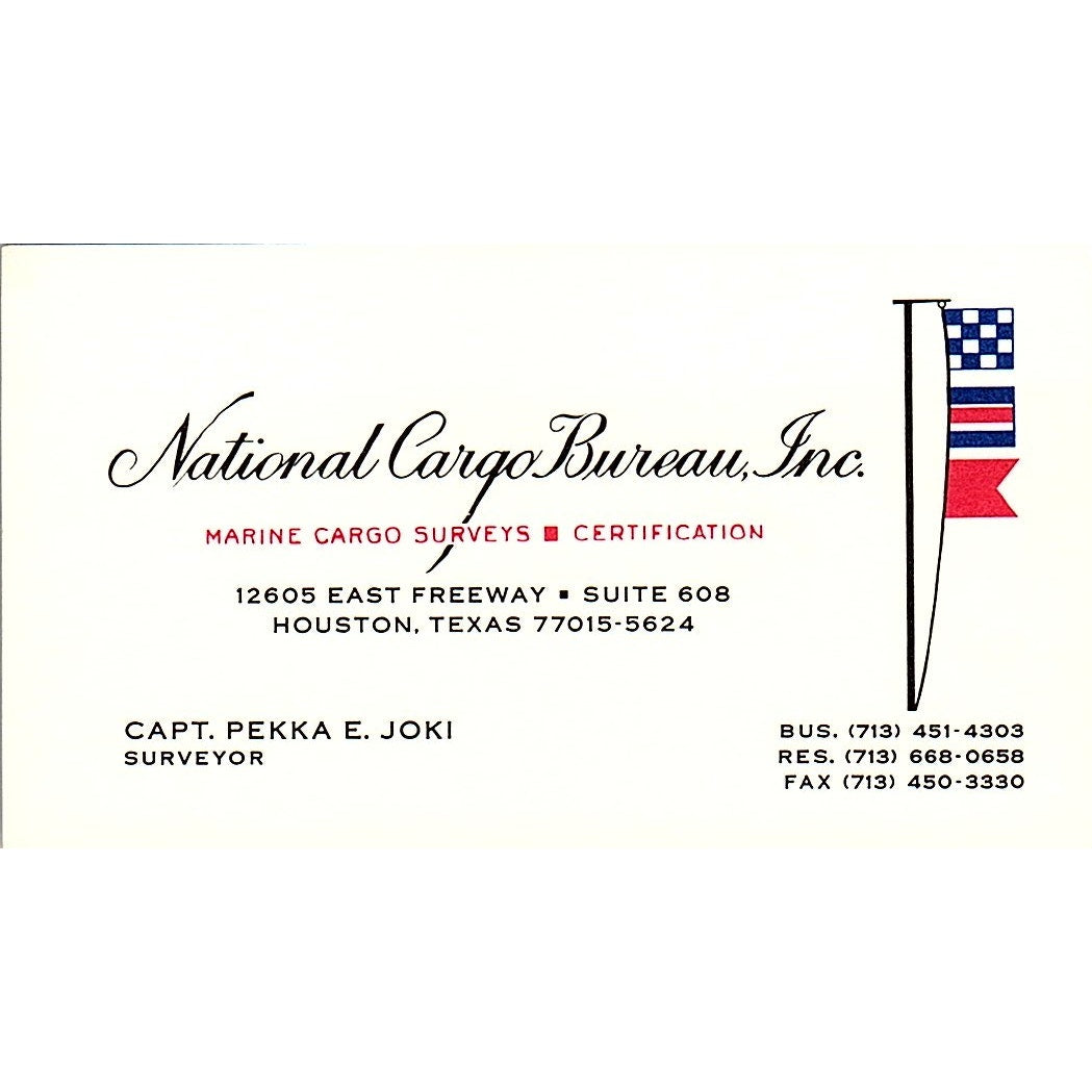 Capt Pekka E Joki National Cargo Bureau Houston Vintage Business Card SC9-B1