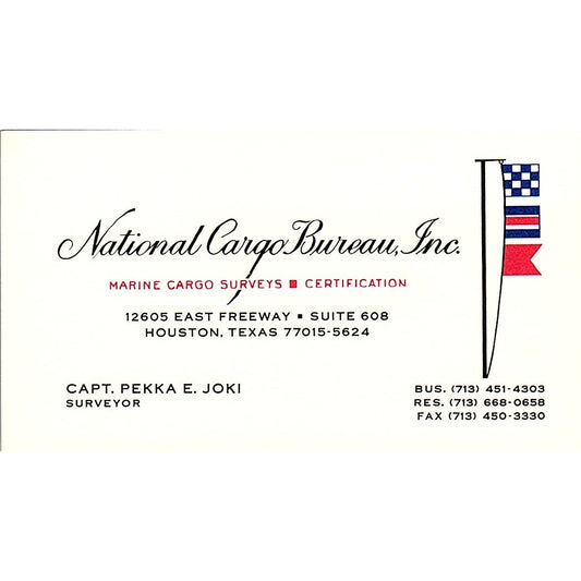 Capt Pekka E Joki National Cargo Bureau Houston Vintage Business Card SC9-B1