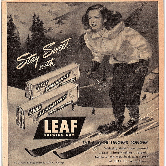 Leaf Chewing Gum - Lady Downhill Skiing 1948 Ad AF8-H1