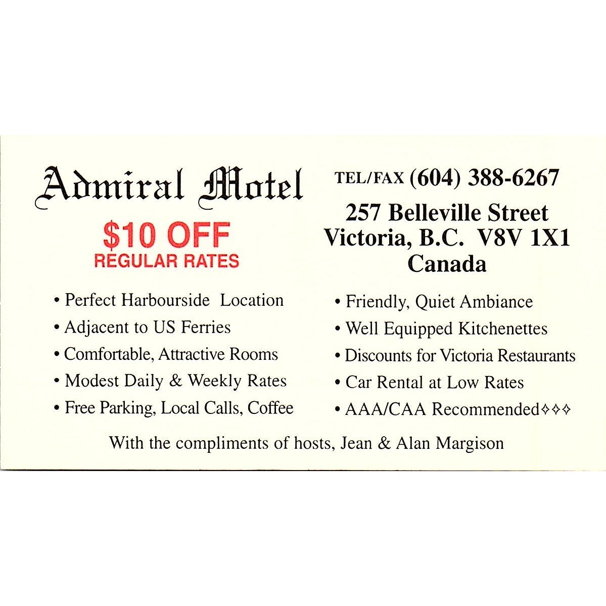 Admiral Motel Victoria British Columbia Vintage Business Card TH2-B1