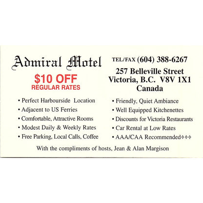 Admiral Motel Victoria British Columbia Vintage Business Card TH2-B1