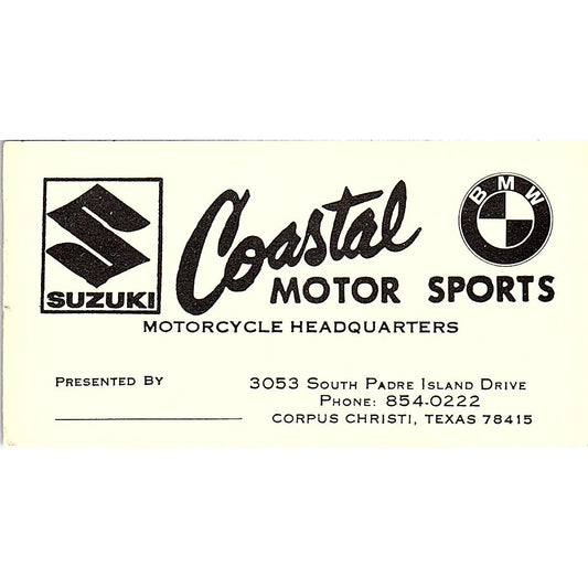 Coastal Motor Sports Suzuki BMW Corpus Christi TX Vintage Business Card SD9-B12