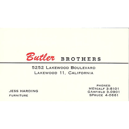 Butler Brothers Jess Harding Lakewood CA Vintage Business Card SB4-B8