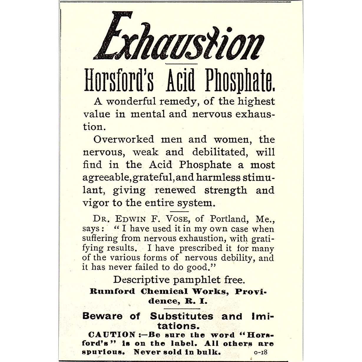 Horsford's Acid Phosphate Rumford Chemical Works Providence RI 1892 Ad AG2-M11
