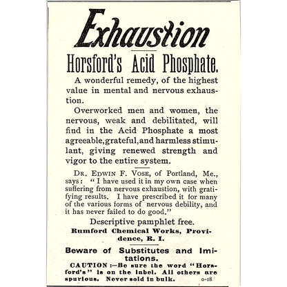Horsford's Acid Phosphate Rumford Chemical Works Providence RI 1892 Ad AG2-M11