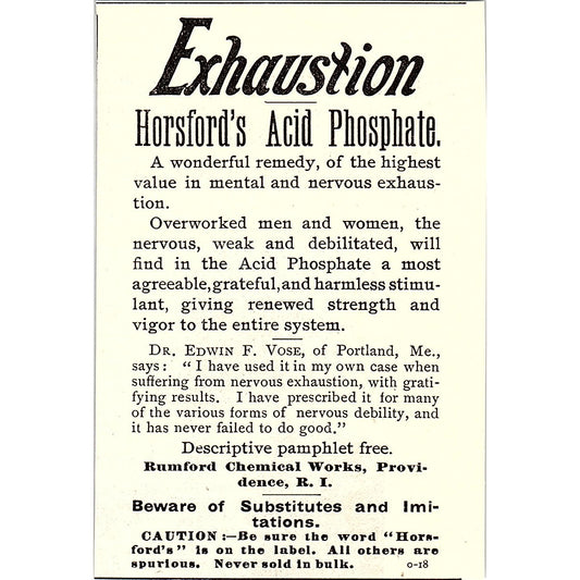 Horsford's Acid Phosphate Rumford Chemical Works Providence RI 1892 Ad AG2-M11