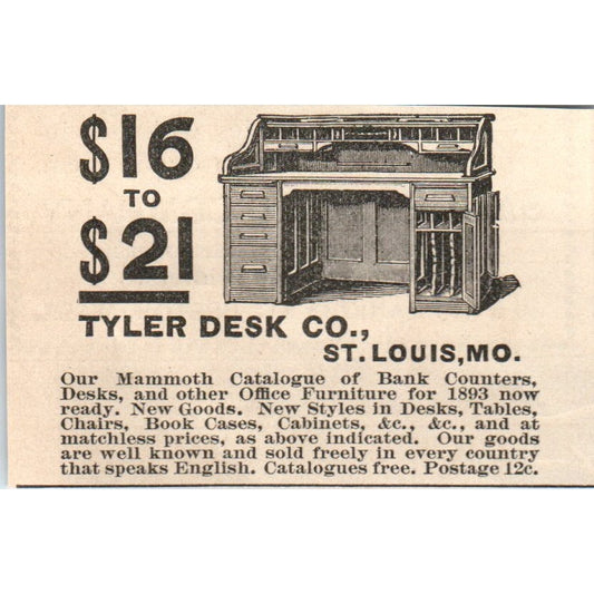 Tyler Desk Co St. Louis MO Rolltop Desks 1892 Magazine Ad AB6-4